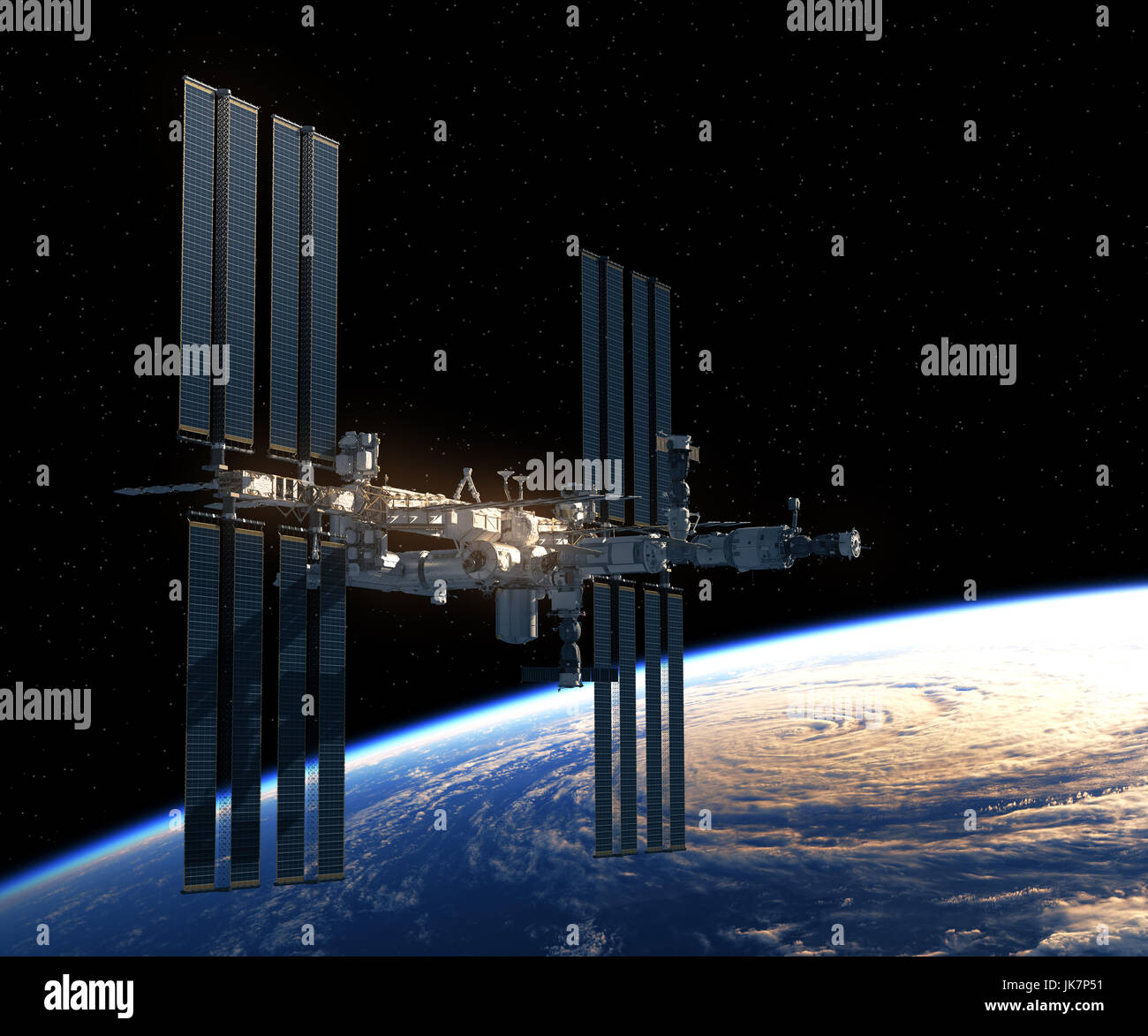 Il volo della Stazione Spaziale Internazionale sulla terra. 3D'illustrazione. Foto Stock