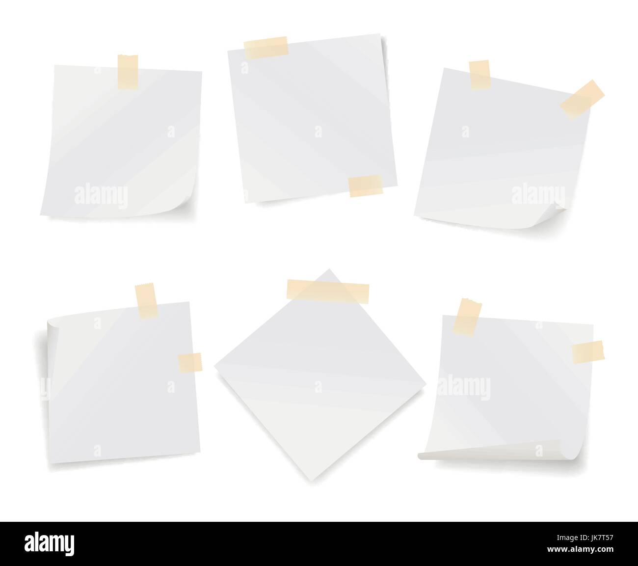 Realistico illustrazione vettoriale, set di bianco diversa nota le carte con pezzi di nastro, isolato su bianco Illustrazione Vettoriale