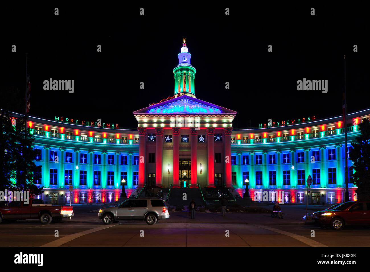 Stati Uniti d'America, Colorado, Denver, Denver City e paese edificio con le luci di Natale Foto Stock