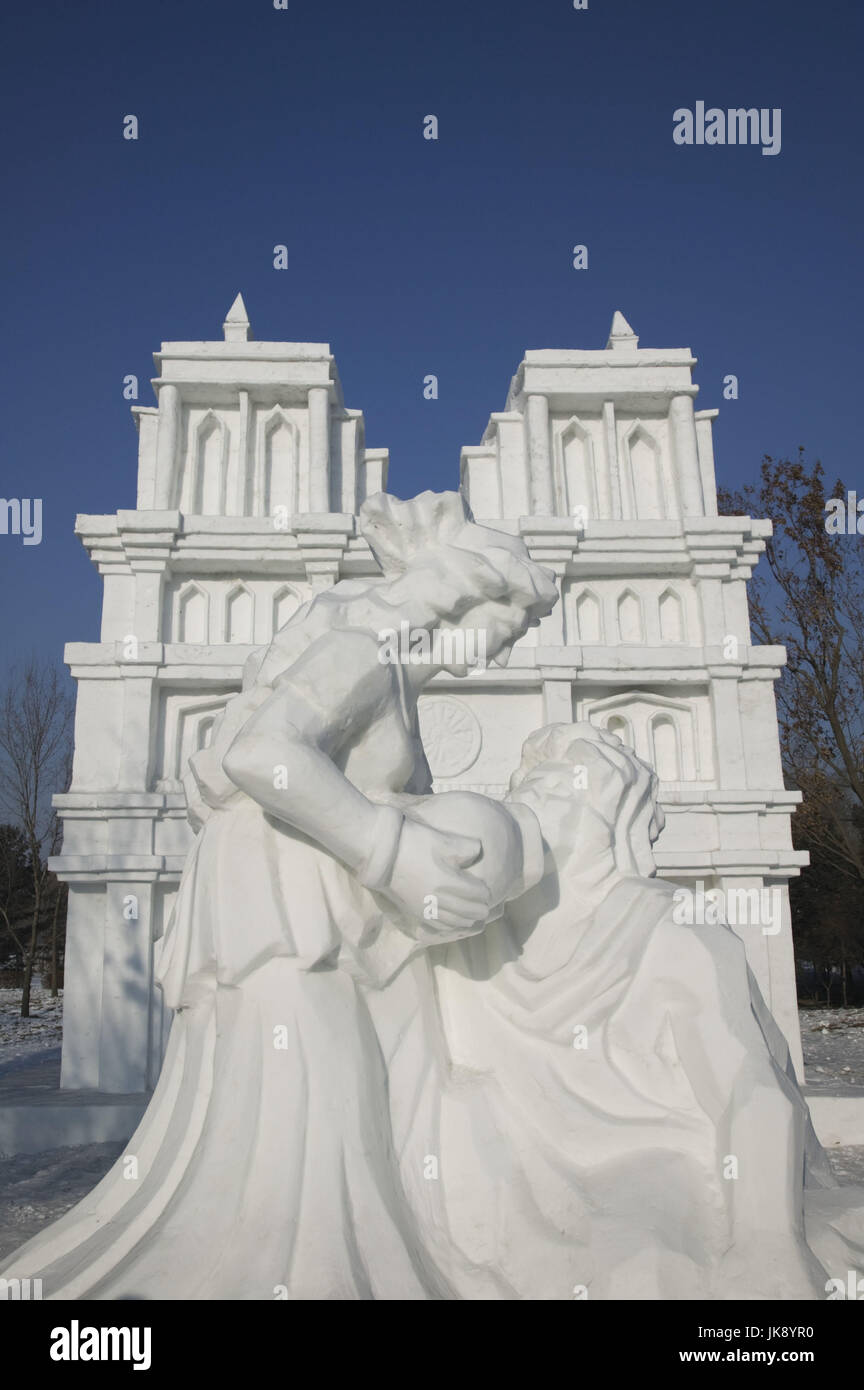 Cina, Heilongjiang, Harbin, Schnee- und Eisskulpturen Festival, Kathedrale Notre Dame, Kunstwerk, Schneeskulptur, Foto Stock