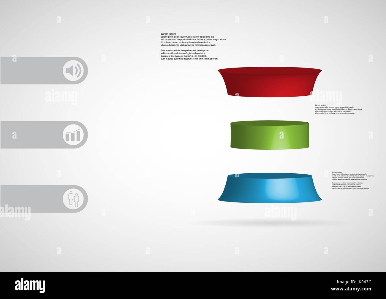 3D illustrazione modello infografico con motivo di deformazione del cilindro orizzontalmente suddivisa in tre sezioni di colore con un semplice segno e un testo di esempio su si Illustrazione Vettoriale