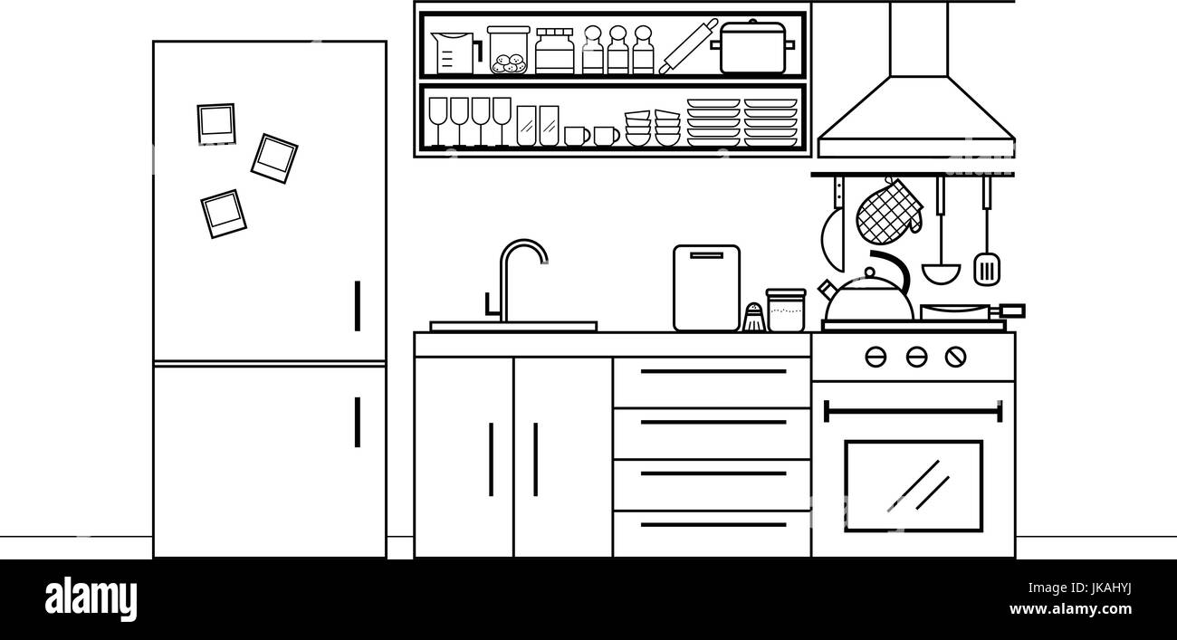 Cucina arredamento in bianco e nero e a colori con un arredamento e un sacco di utensili da cucina Illustrazione Vettoriale