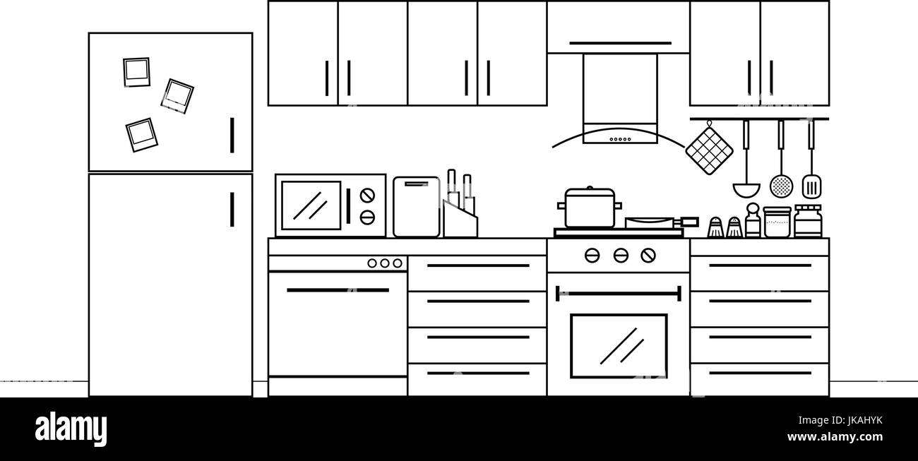 Cucina arredamento in bianco e nero e a colori con un arredamento e un sacco di utensili da cucina Illustrazione Vettoriale
