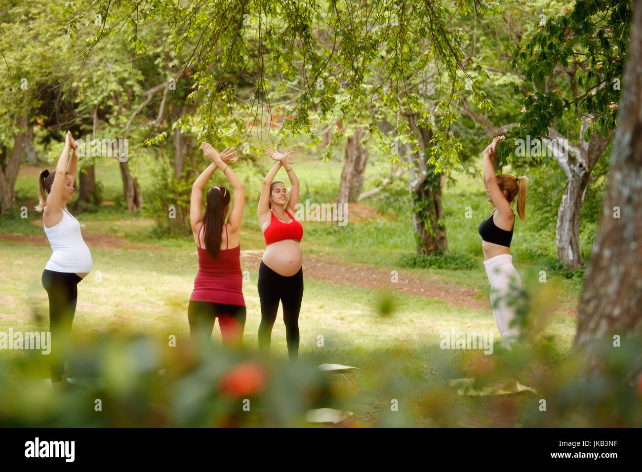 Le donne in stato di gravidanza, gruppo di mamme di formazione con pulmann facendo esercizi di fitness e yoga durante la gravidanza nel parco. Foto Stock