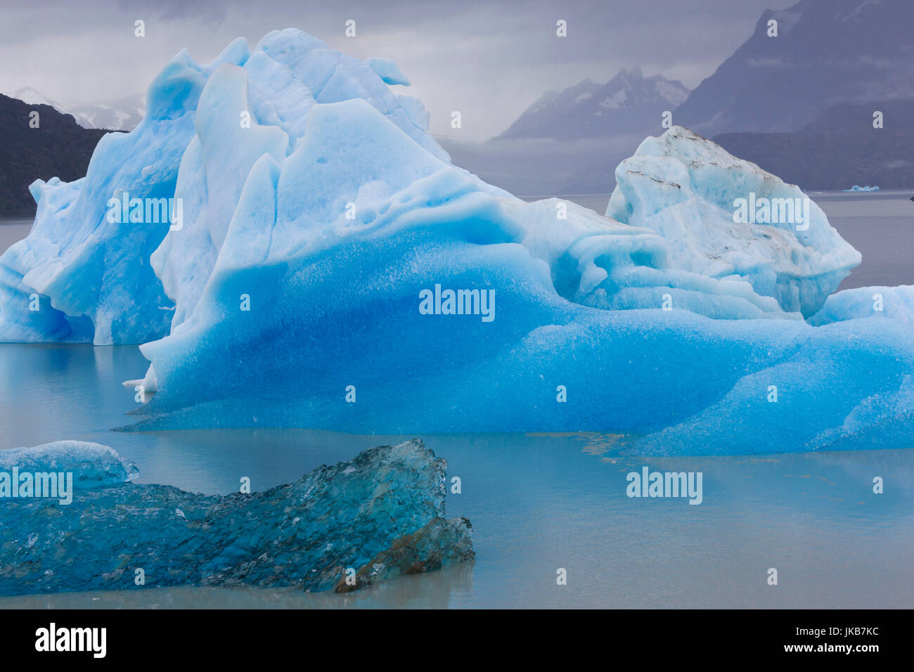 Il Cile, regione di Magallanes, Parco Nazionale Torres del Paine, lago grigio, il ghiaccio del ghiacciaio Foto Stock