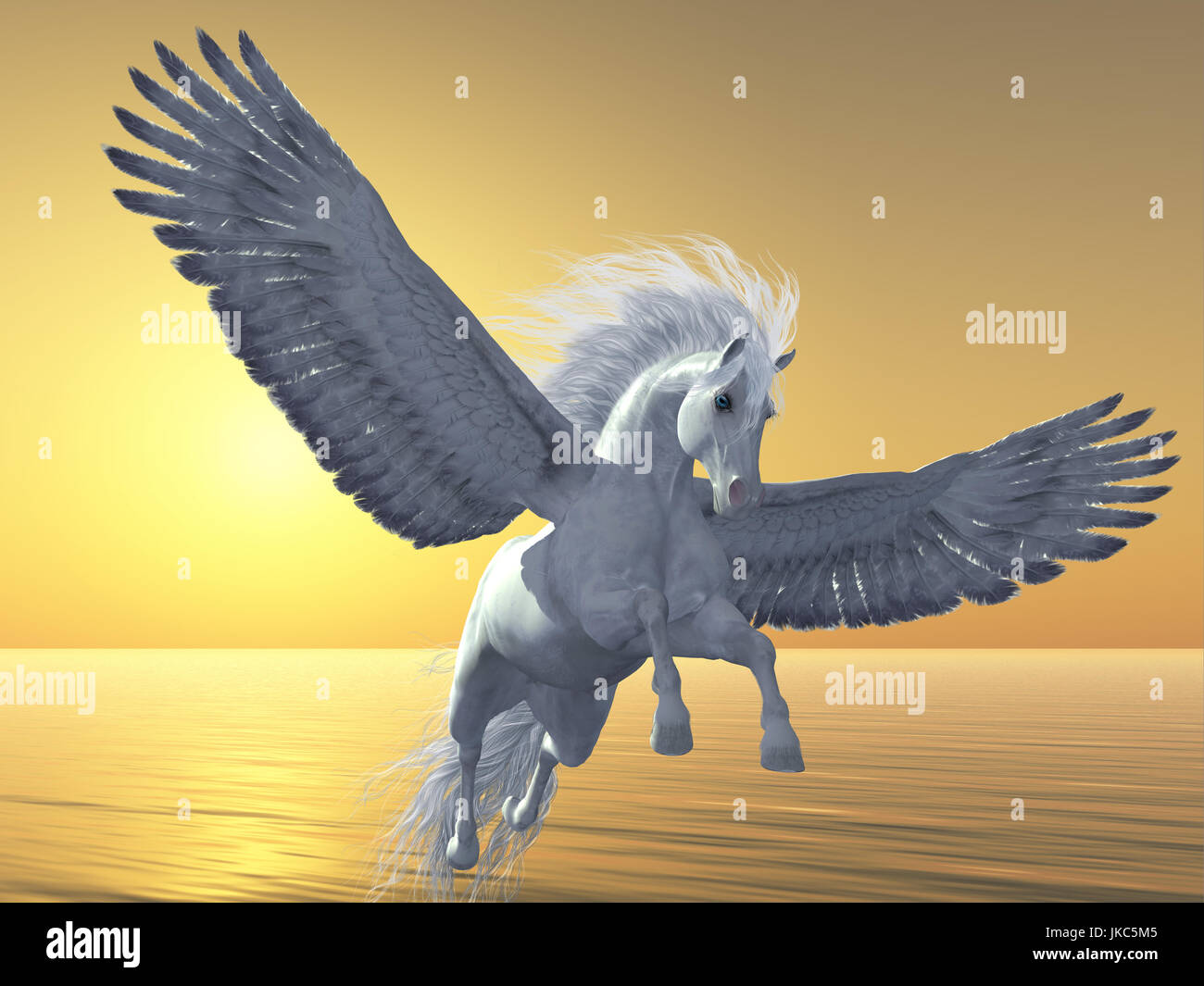Pegasus è un mitico bianco cavallo divina con lunghi fluente criniera e coda sorge nel cielo con ali potenti battiti. Foto Stock