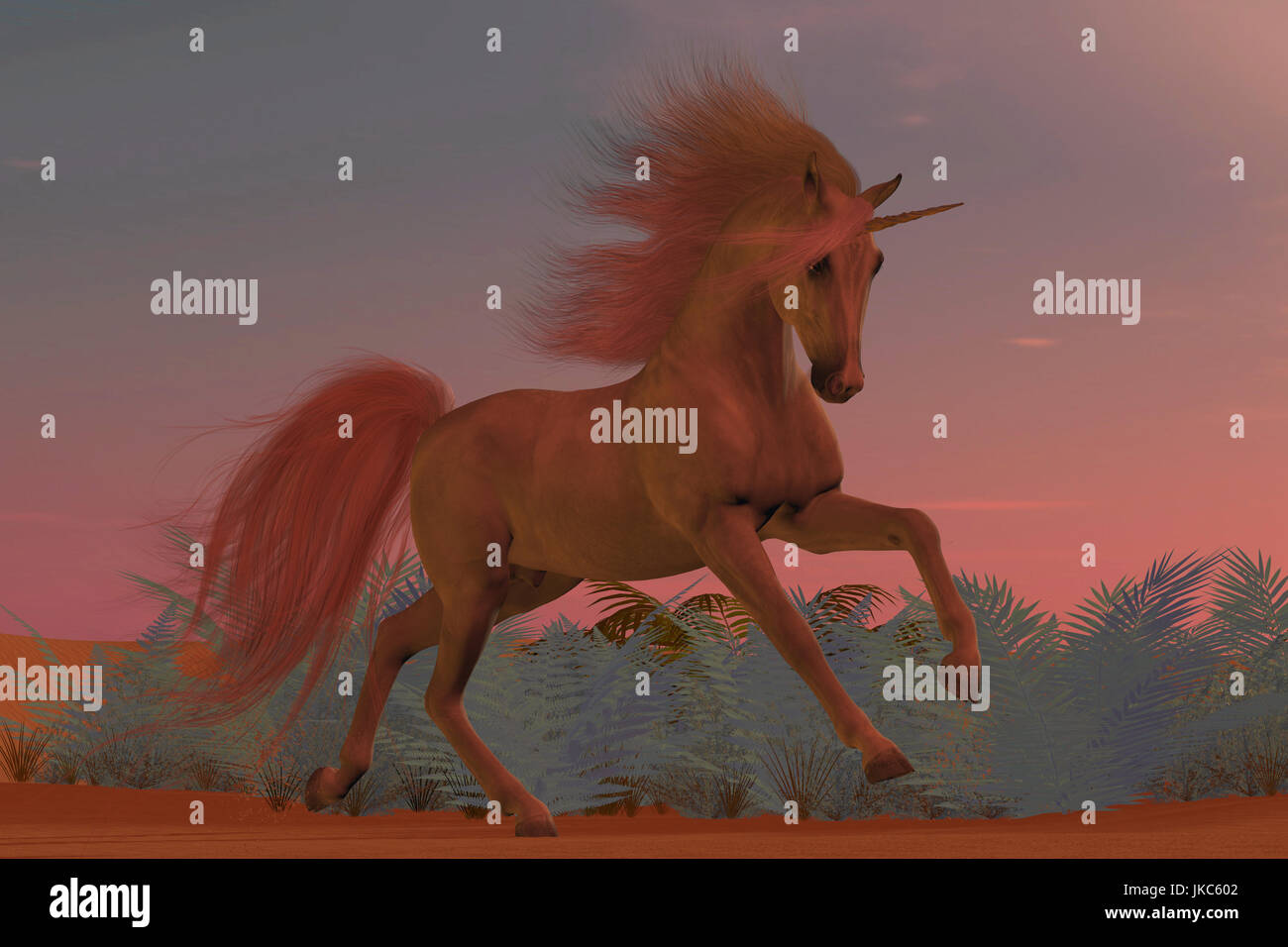 Sunset Arabian Unicorn - un unicorno è una creatura di mito e di fantasia e ha selvaggi zoccoli, fronte avvisatore acustico e il corpo di un cavallo. Foto Stock