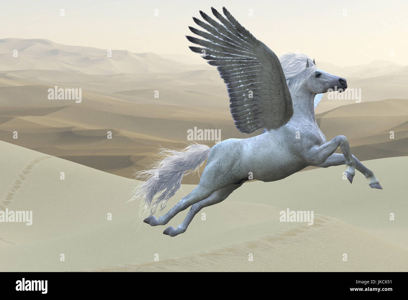 Pegasus è un mitico bianco stallone divina con lunghi fluente criniera e coda sorge nel cielo con ali potenti battiti. Foto Stock