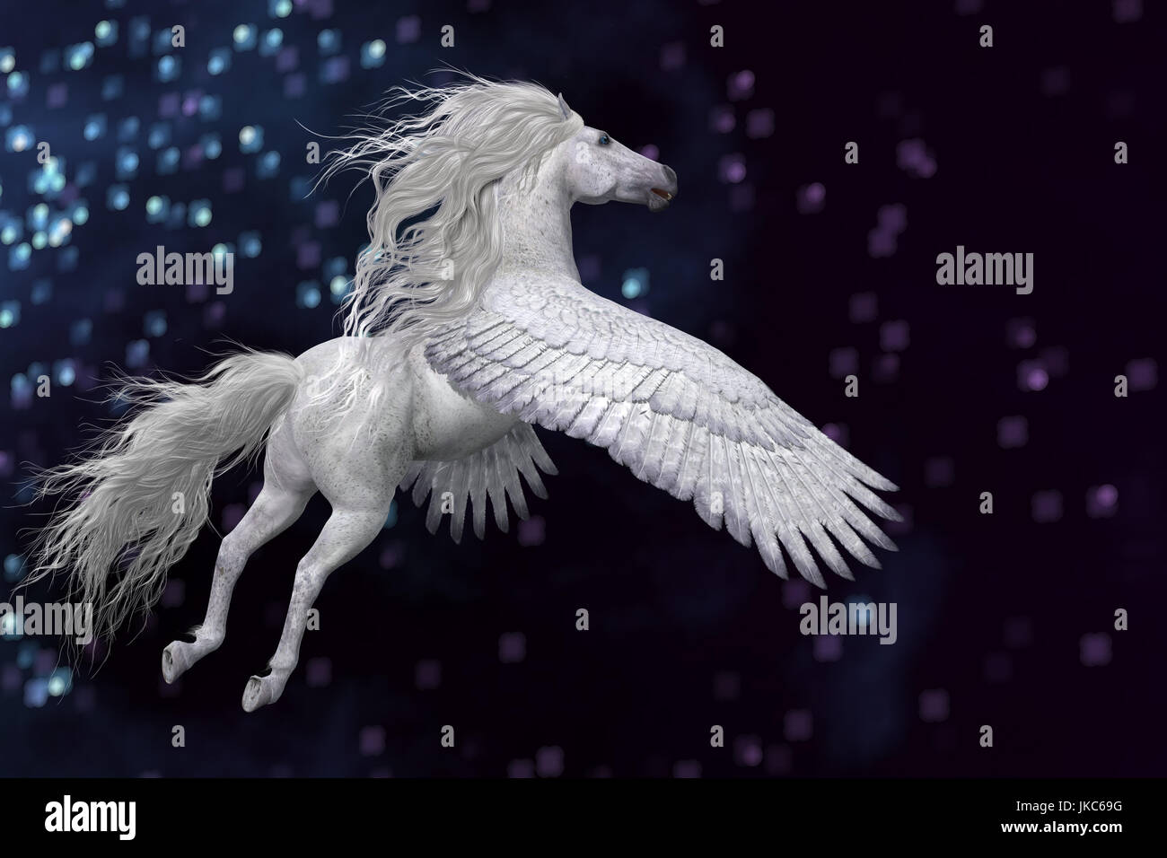 Pegasus è un mitico bianco stallone divina con lunghi fluente criniera e coda sorge nel cielo con ali potenti. Foto Stock