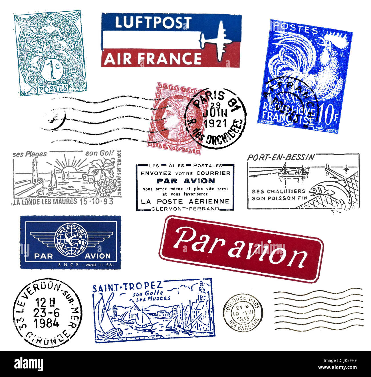 I francobolli e le etichette da Francia, prevalentemente vintage Foto Stock
