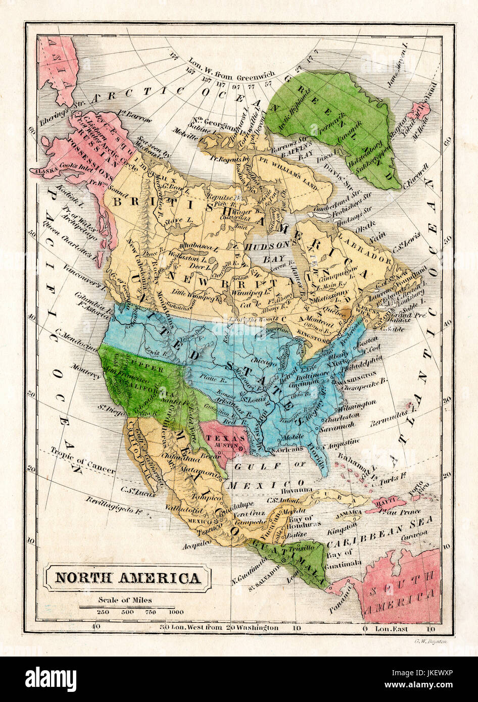1845 Mappa di Boynton del Nord America che mostra la Repubblica del Texas, il Messico, il Guatemala, le Indie occidentali, l'alta California, Russia Alaska, Groenlandia e Stati Uniti. Foto Stock