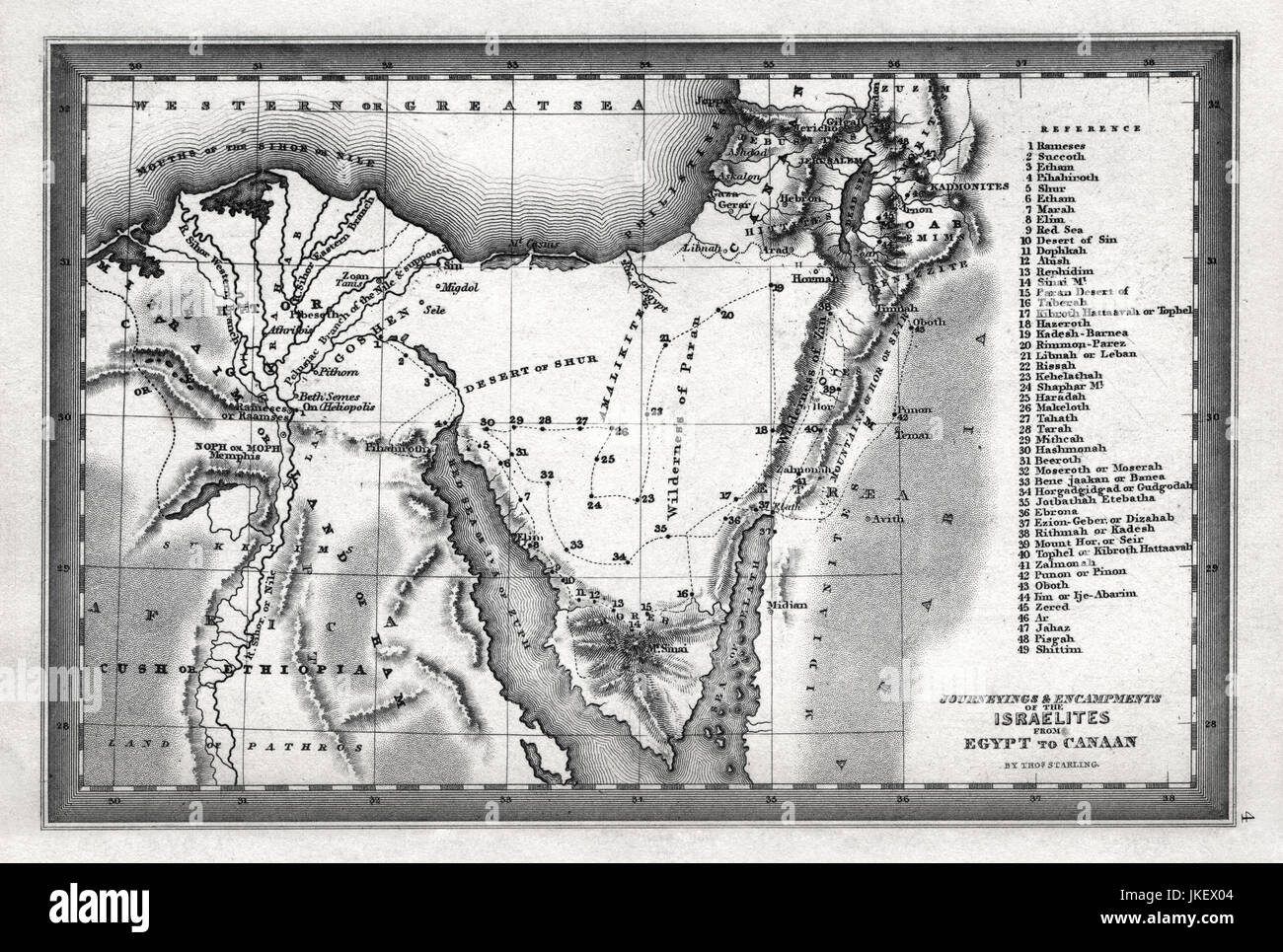 1835 Mappa dei viaggi e degli accampamenti degli Israeliti dall'Egitto a Canaan Foto Stock