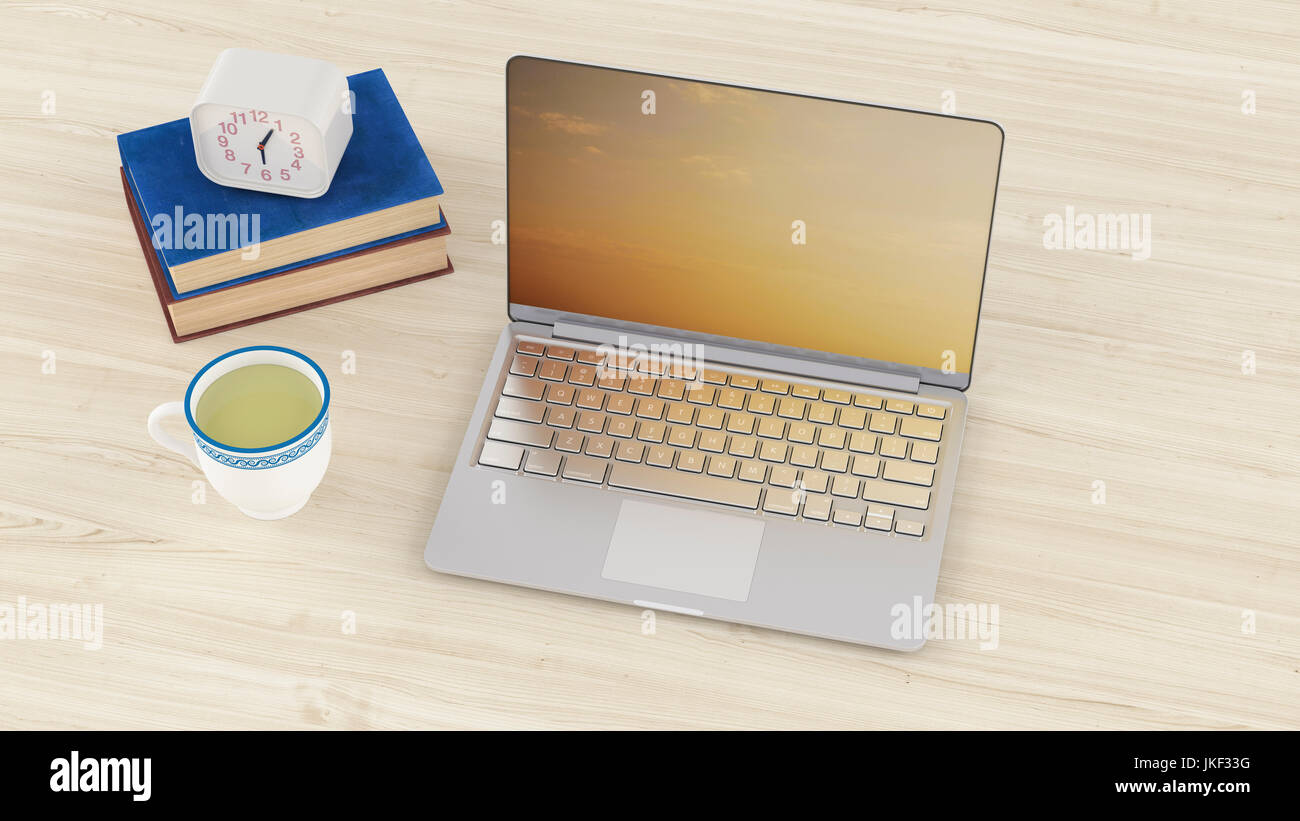 Rendering 3d, il laptop sulla scrivania con tazza di tè e un orologio su libri Foto Stock