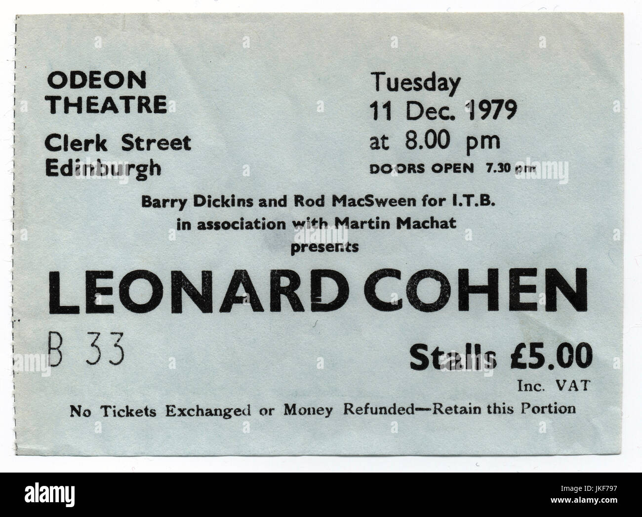 Ticket stub per un Leonard Cohen concerto presso il Teatro Odeon di Edimburgo, 11 dicembre 1979. Foto Stock