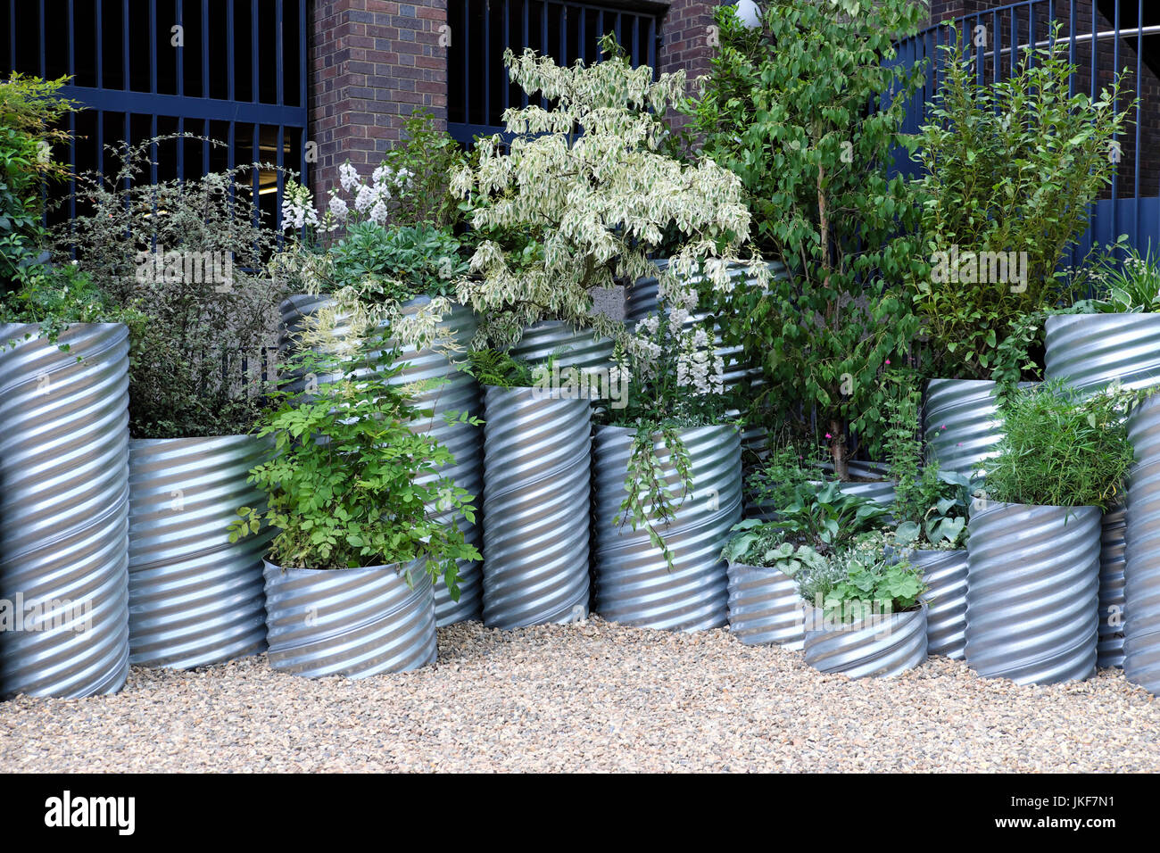 La qualità dell'aria piante che crescono in contenitori di metallo in Studio Xmlp pop up giardino vicino a Barbican Estate in Moorgate City di Londra UK KATHY DEWITT Foto Stock