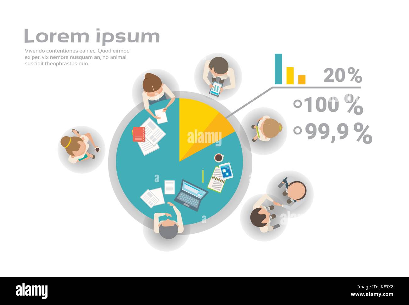 Un gruppo di uomini di affari che lavorano insieme sulla relazione finanziaria Infographics Team Creative Brainstorming alto angolo di visione Illustrazione Vettoriale