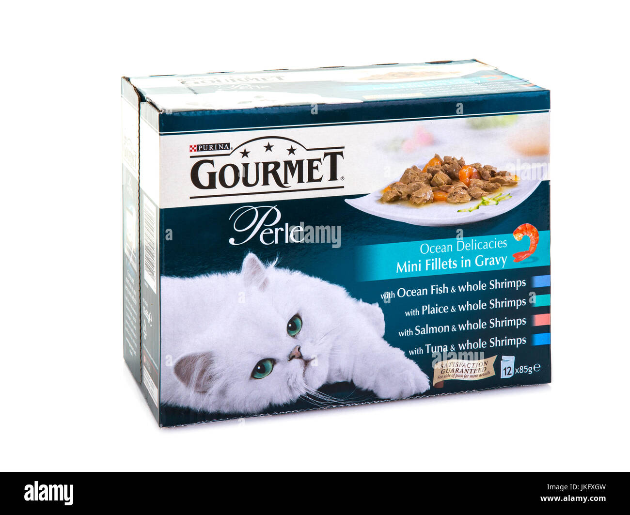 SWINDON, Regno Unito - Luglio 23, 2017: Pack di Purina Gourmet Perle alimento di gatto su sfondo bianco Foto Stock