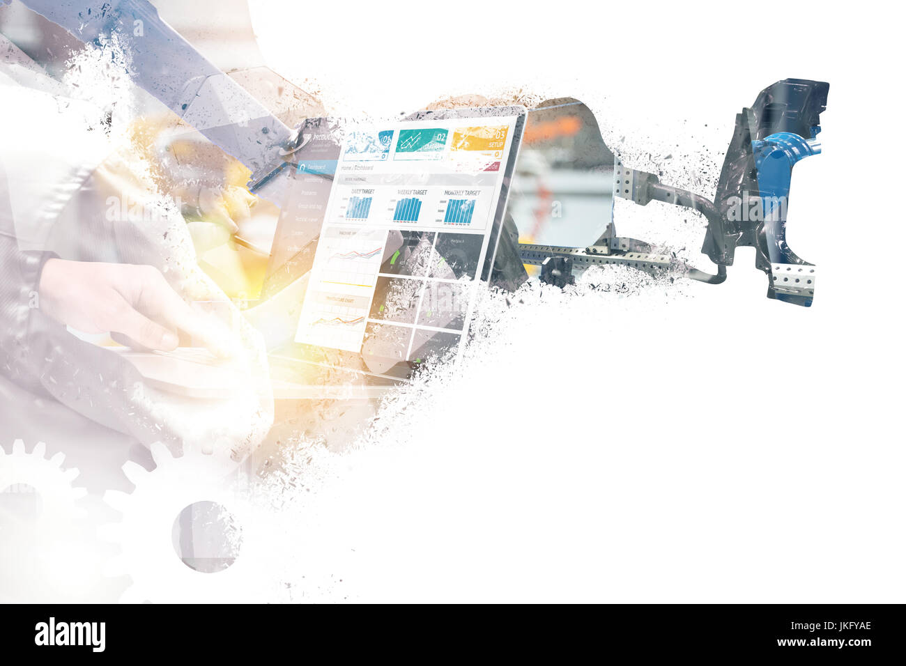 La trasformazione digitale di internet delle cose (IOT) tecnologia interruzioni nella produzione industriale mondiale all'industria 4.0 concetto. Il grafico del robot automatizzati machi Foto Stock