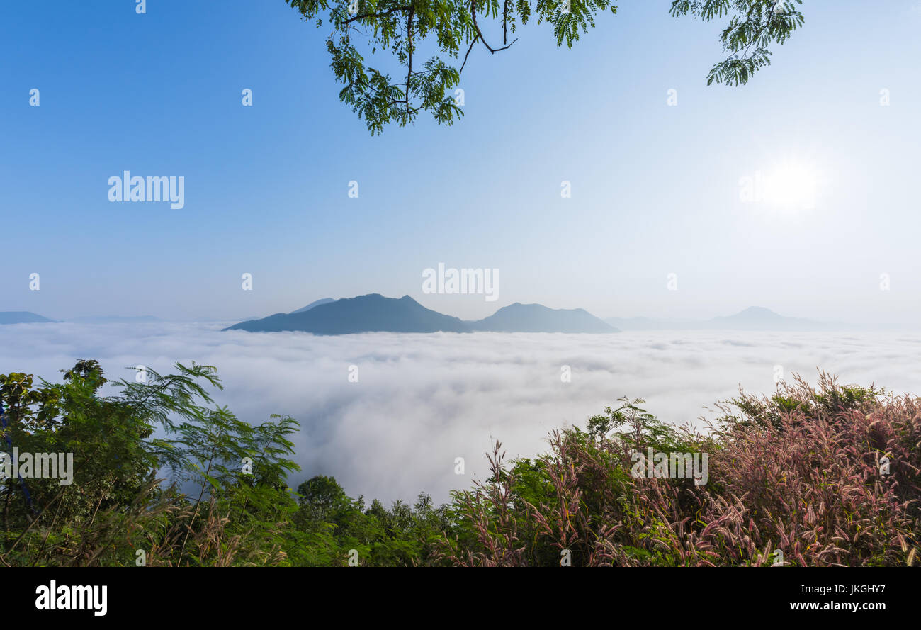 Mare di nebbia oltre il Phu Thok montagna a Chiang Khan ,Loei Provincia in Thailandia Foto Stock