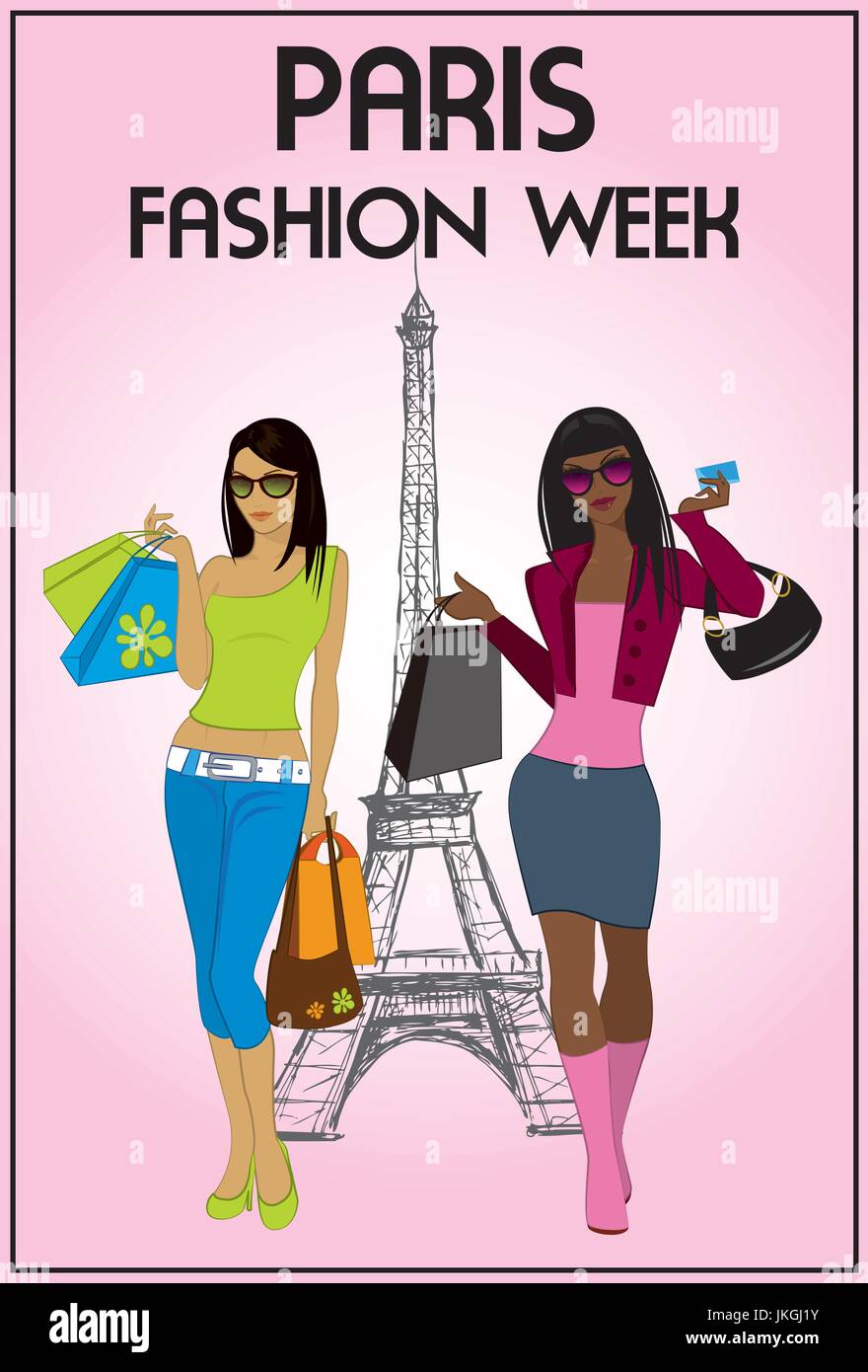 Due ragazze di shopping nella settimana della moda di Parigi, illustrazione vettoriale Illustrazione Vettoriale