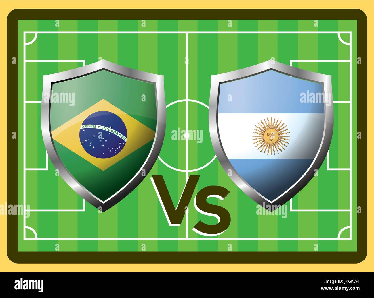 Brasile vs Argentina. Gioco di sport simbolo vettore contro lo sfondo di un campo di calcio. Illustrazione Vettoriale