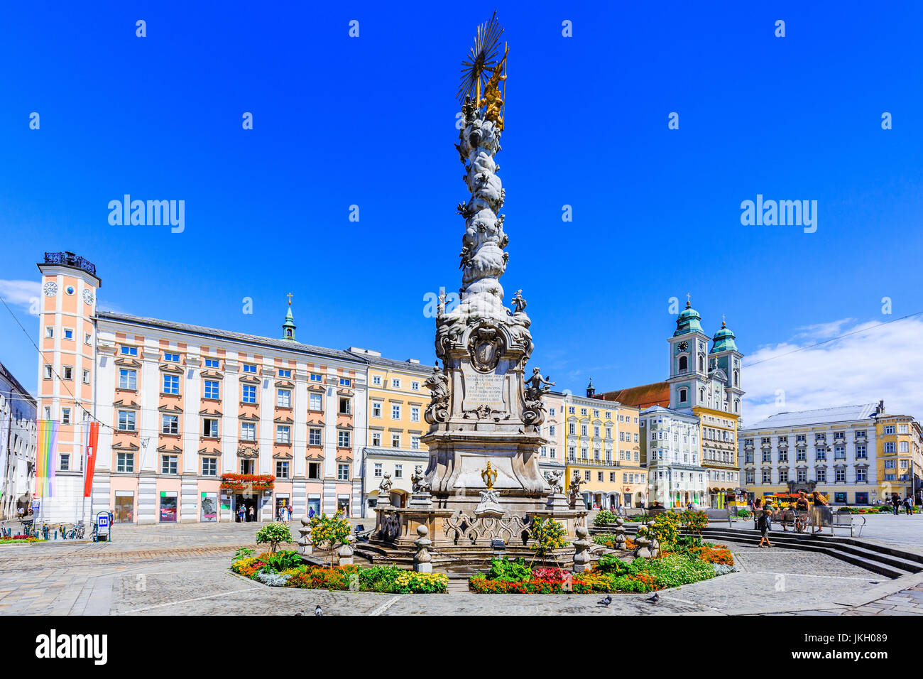 Linz, Austria. La colonna della santa Trinità sulla piazza principale (Hauptplatz). Foto Stock