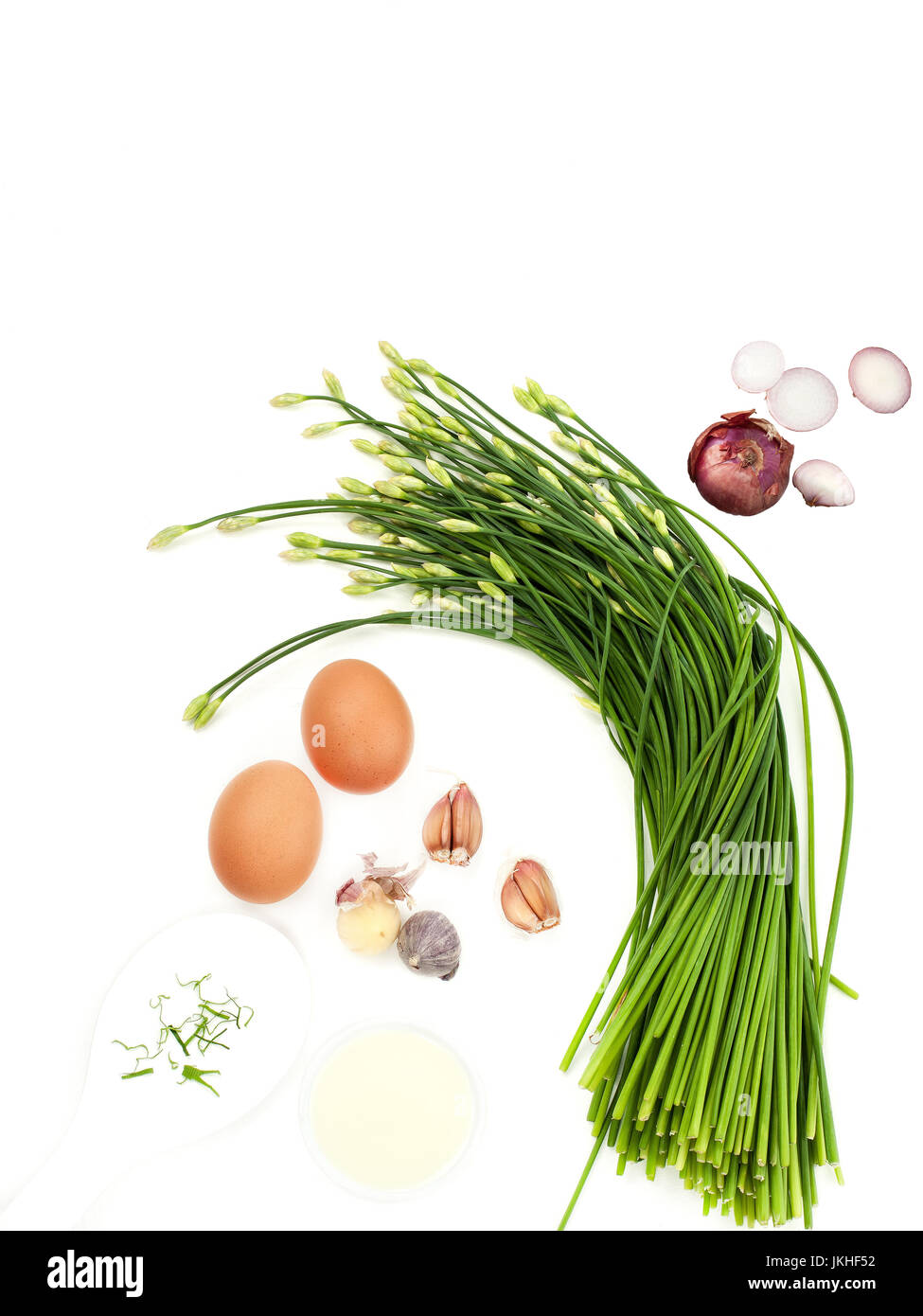 Erba cipollina aglio mescolare preparare uova con aglio e miscelatori menu alimentare cibo tailandese e asiatici cibo sano Foto Stock