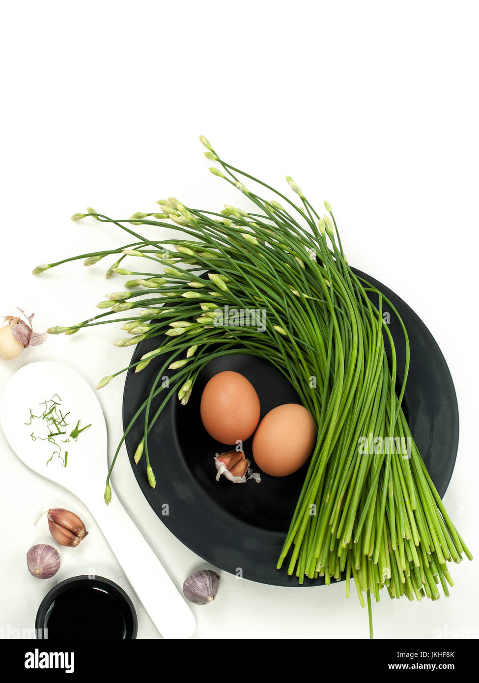 Erba cipollina aglio mescolare preparare uova con aglio e miscelatori menu alimentare cibo tailandese e asiatici cibo sano Foto Stock