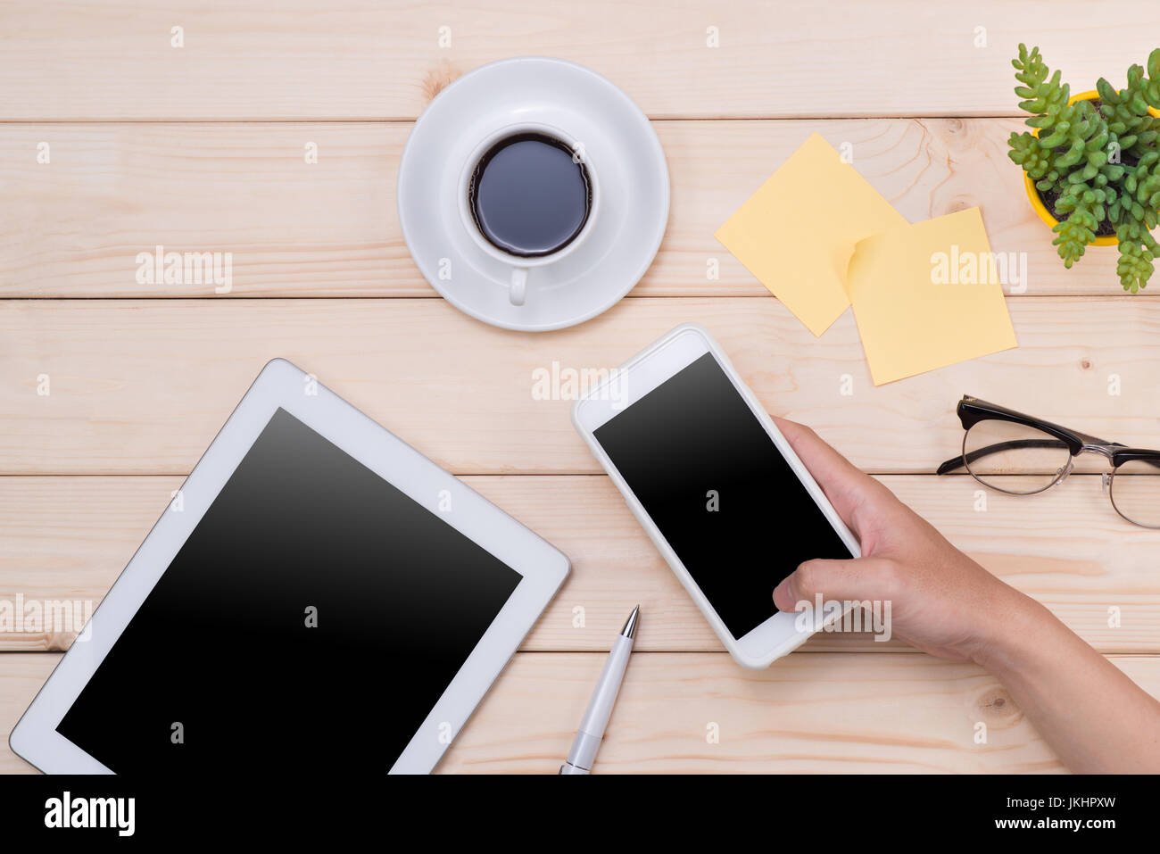 Compressa immagine d'intestazione. Office roba, workplace, vista dall'alto Foto Stock