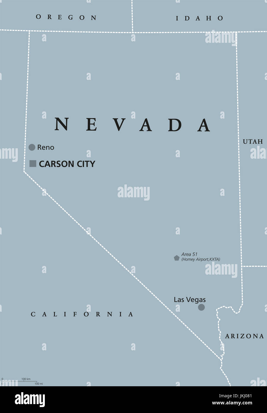 Nevada mappa politico con Las Vegas, Reno e capitale Carson City. Stato in Western, Mountain West, e regioni di sud-ovest degli Stati Uniti. Foto Stock