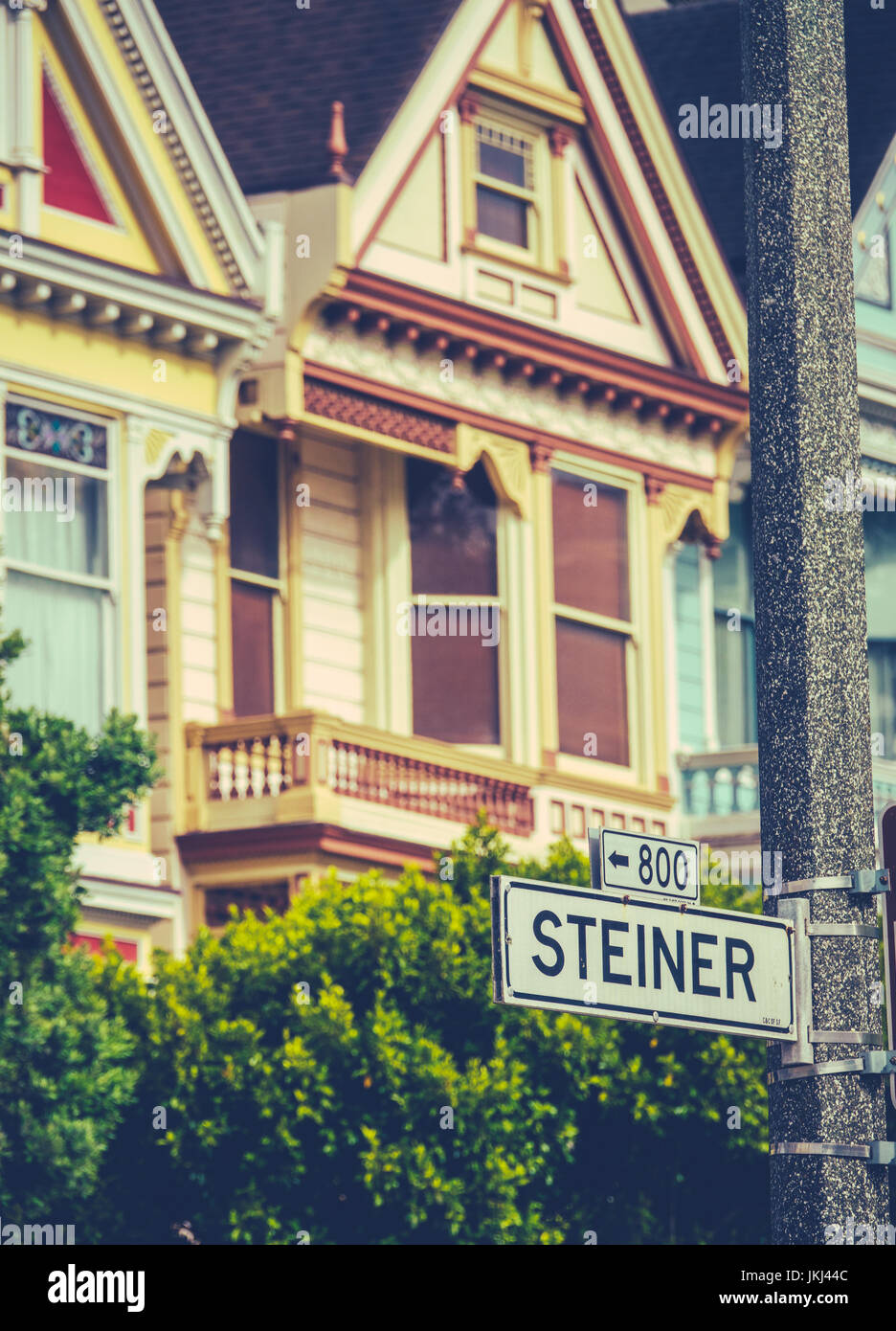 Dettaglio di colorate case in stile vittoriano su Steiner Street di San Francisco Foto Stock