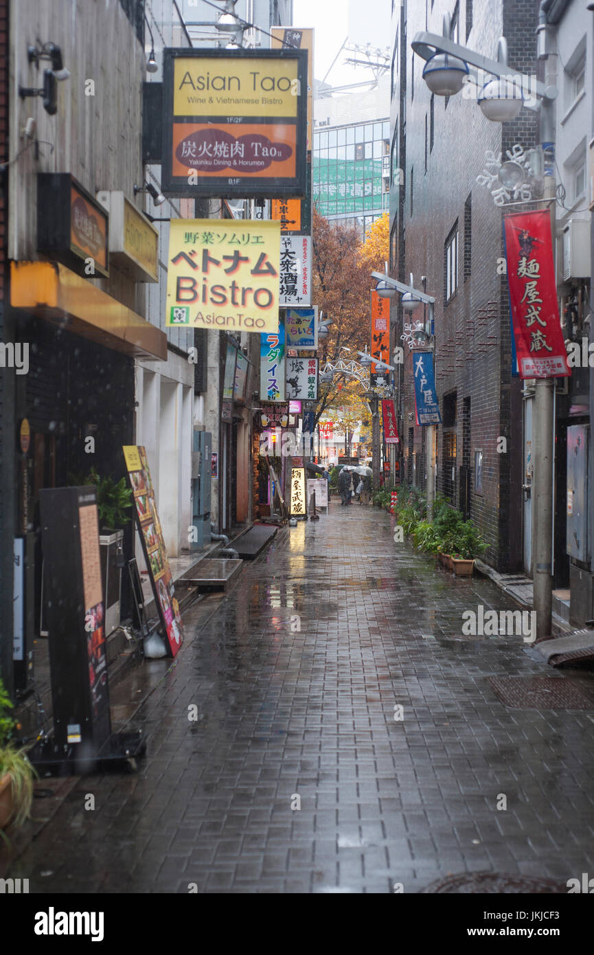 Tokyo, Giappone, piccolo vicolo pedonale in una giornata di pioggia nel quartiere di Nakano Foto Stock