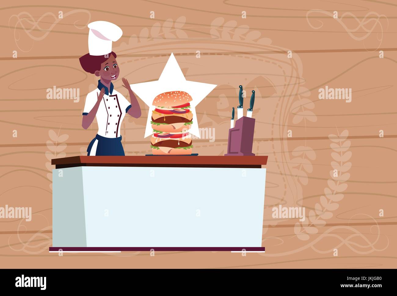 Femmina americano africano chef cucinare Big Burger Cartoon capo nel ristorante uniforme su legno sfondo testurizzata Illustrazione Vettoriale