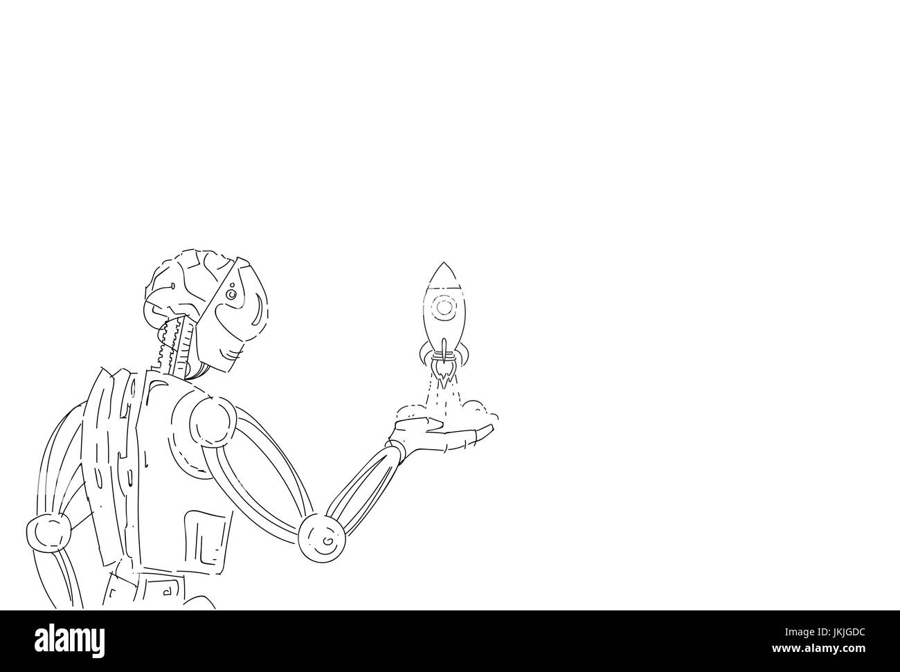 Moderno Robot tenere razzo spaziale di intelligenza artificiale Technology Illustrazione Vettoriale