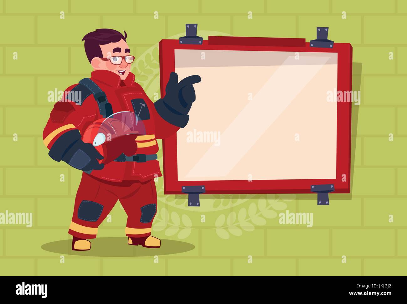 Vigile del fuoco che portano alla formazione di allarme sulla scheda uniforme che indossano il casco Hold Fire Fighter su Sfondo mattone Illustrazione Vettoriale