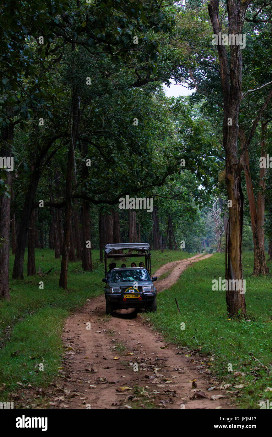 Jeep di prendere i turisti oltre la strada nella giungla su un tiger safari in Nagarahole Parco Nazionale, Karnataka, India Foto Stock