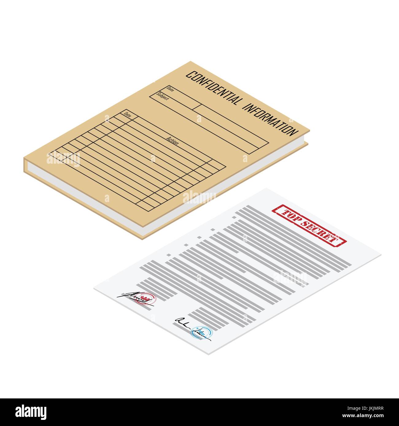 Illustrazione Vettoriale 3d prospettiva isometrica marrone cartella file con informazioni riservate e icona di contratto isolato su sfondo bianco Illustrazione Vettoriale
