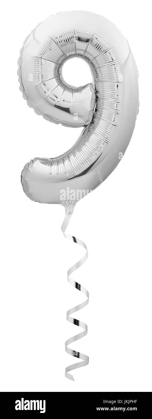 D'argento metallizzato numero 9 nove del palloncino gonfiabile Foto Stock