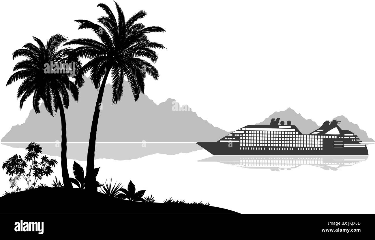 Paesaggio con nave, palme e montagne Illustrazione Vettoriale