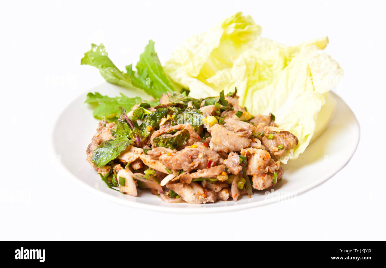 Cibo tailandese chiamata NAMTOK MOO da ingrediente piccante con carne di maiale Foto Stock