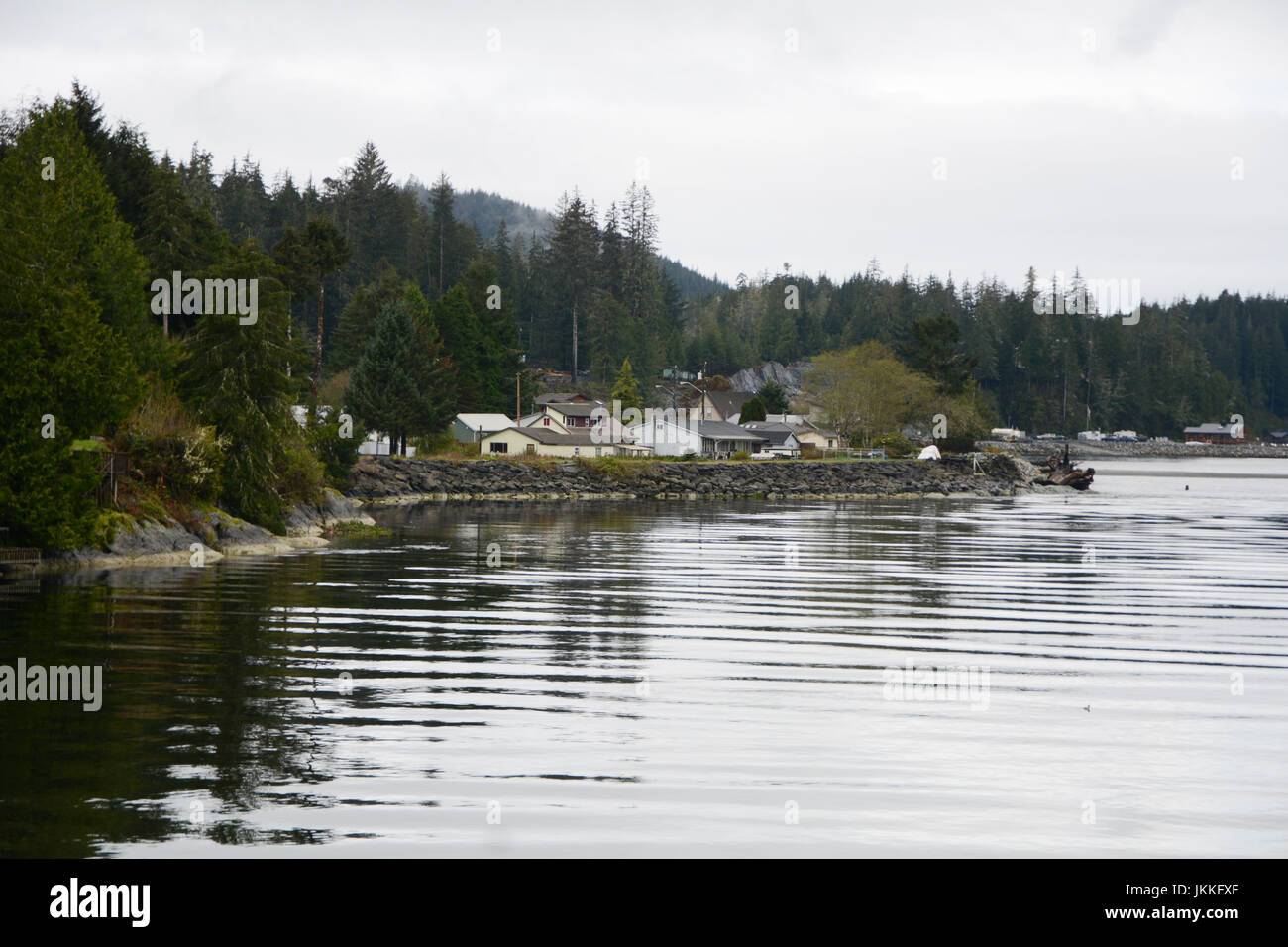 La foce del fiume San Juan accanto alla cittadina di Port Renfrew, in prossimità di una estremità della West Coast Trail, Isola di Vancouver, British Columbia, Canada. Foto Stock