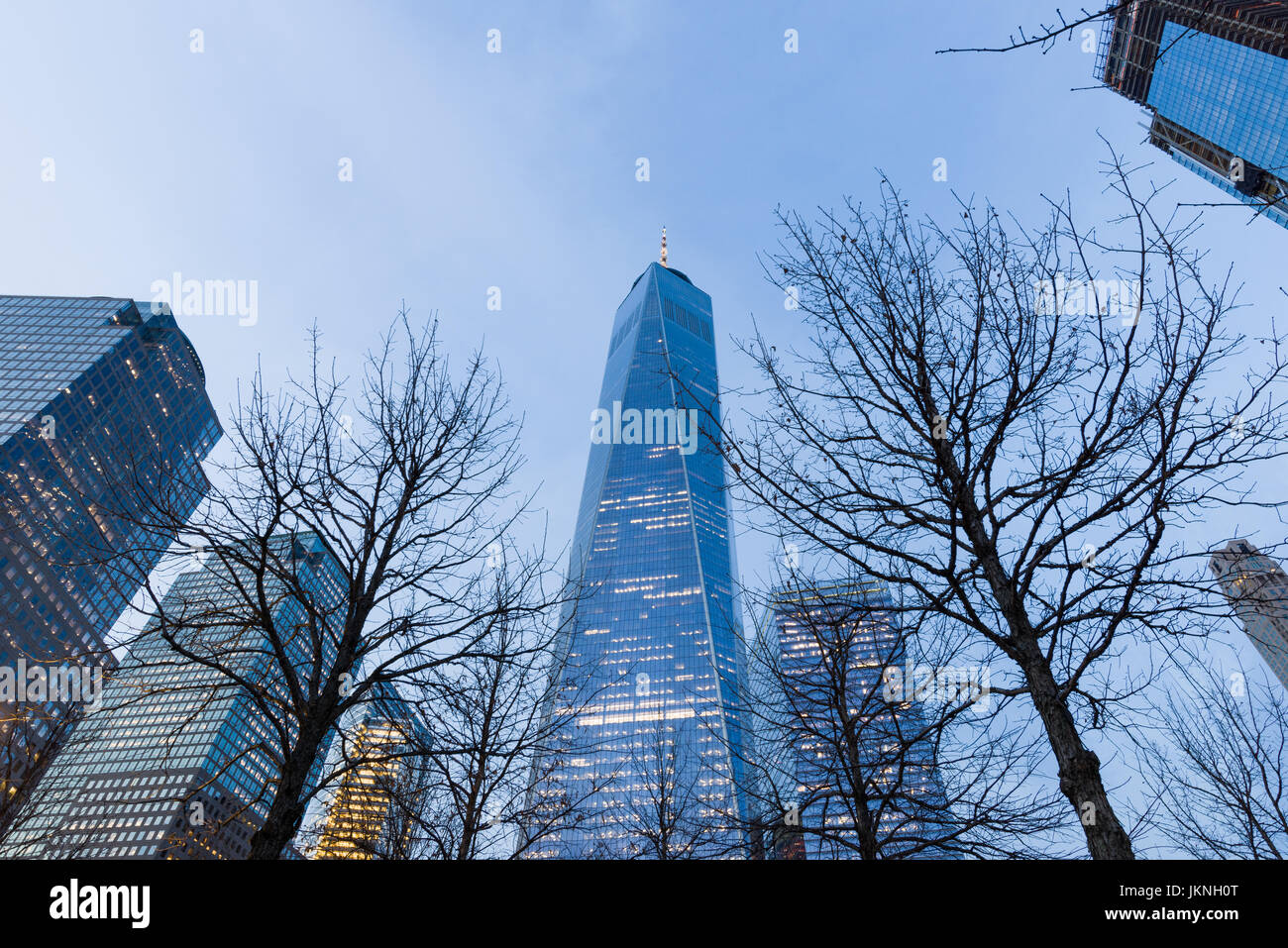 One World Trade Center Centro sopra gli alberi in Liberty Park 9/11 Memorial Foto Stock