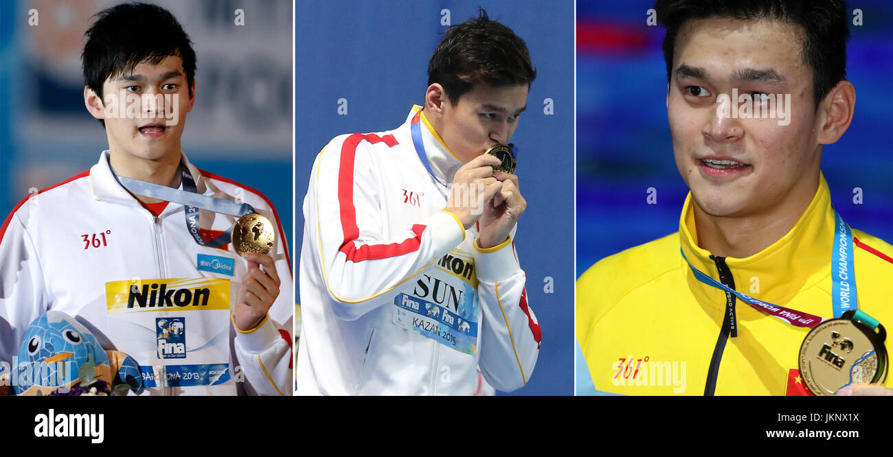(170724) -- PECHINO, luglio 24, 2017 (Xinhua) -- File di foto (da L a R) mostra della Cina di Sun Yang reagisce alla cerimonia di premiazione per gli uomini 400m Freestyle Finale di nuoto alla XV FINA Aquatics Campionati del Mondo di Barcellona, in Spagna il 28 luglio 2015, XVI FINA Aquatics ai Campionati Mondiali di Kazan, la Russia il 2 agosto 2015 e il XVII FINA Aquatics Campionati del Mondo a Budapest, in Ungheria il 23 luglio 2017. Piscina cinese ace Sun Yang ha vinto il suo terzo titolo dritto in uomini 400m Freestyle in Budapest domenica. (Xinhua/Wang Lili, Meng Yongmin, Gong Bing)(WLL) Foto Stock