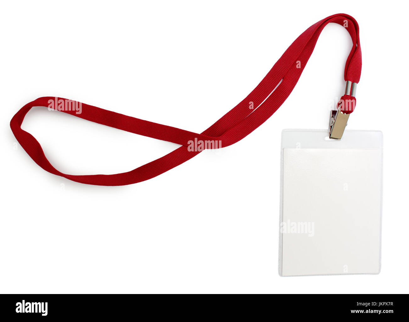 Nome distintivo con laccio rosso close-up isolato di spazio di copia Foto Stock