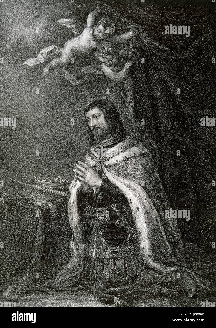Ferdinando III di Castiglia, (1199-1252). Re di Castiglia da 1217 e re di León dal 1230. Incisione da un disegno di Villaamil su una tela di Murillo. Foto Stock