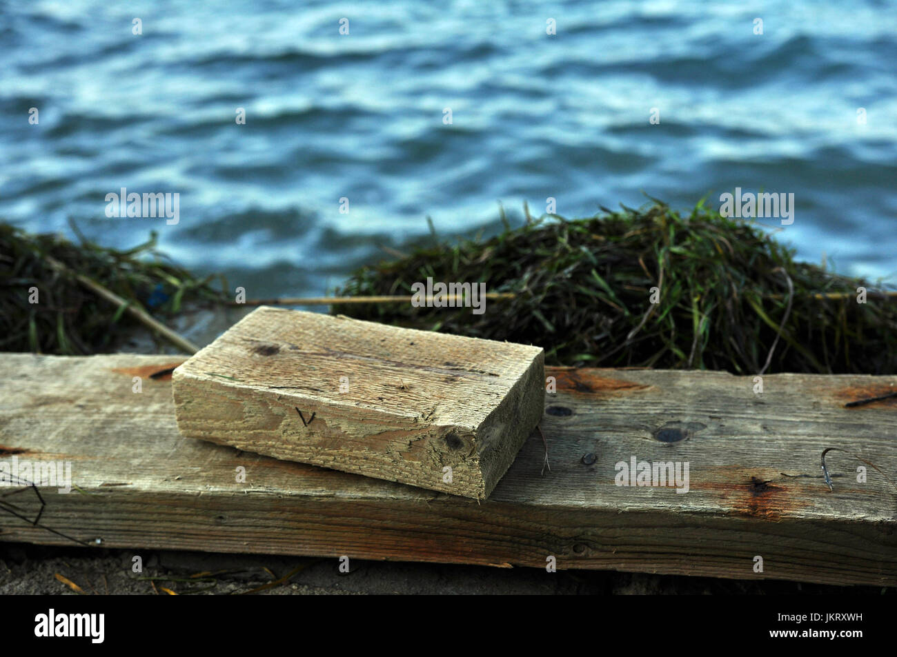 Blocco di legno ed erba di mare sulla spiaggia Foto Stock