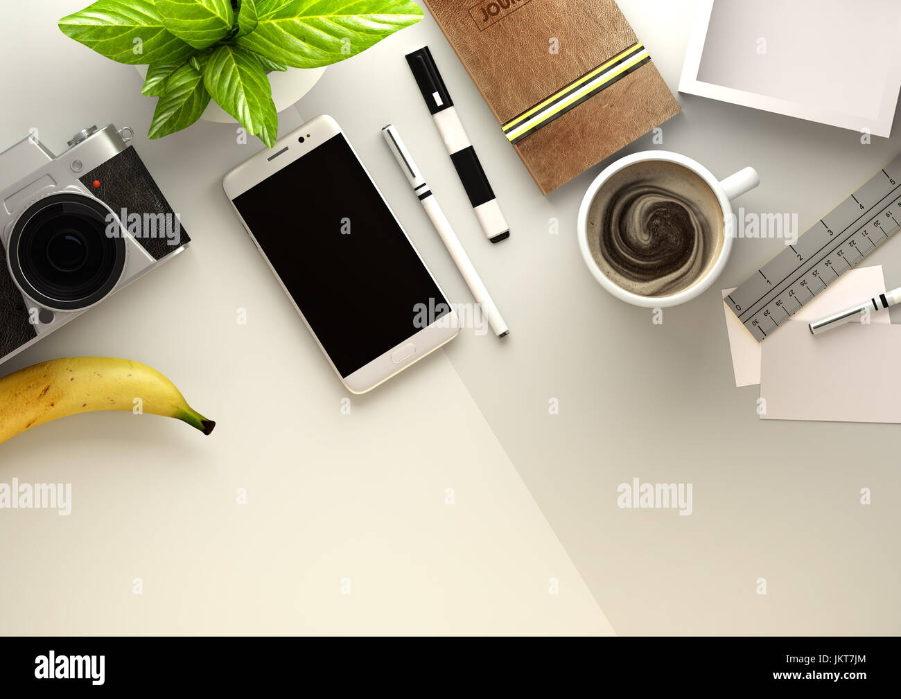 Vista dall'alto in basso di un desktop aziendale con uno smartphone, accessori per ufficio,un ufficiale, caffè e snack. 3D render illustrazione. Foto Stock