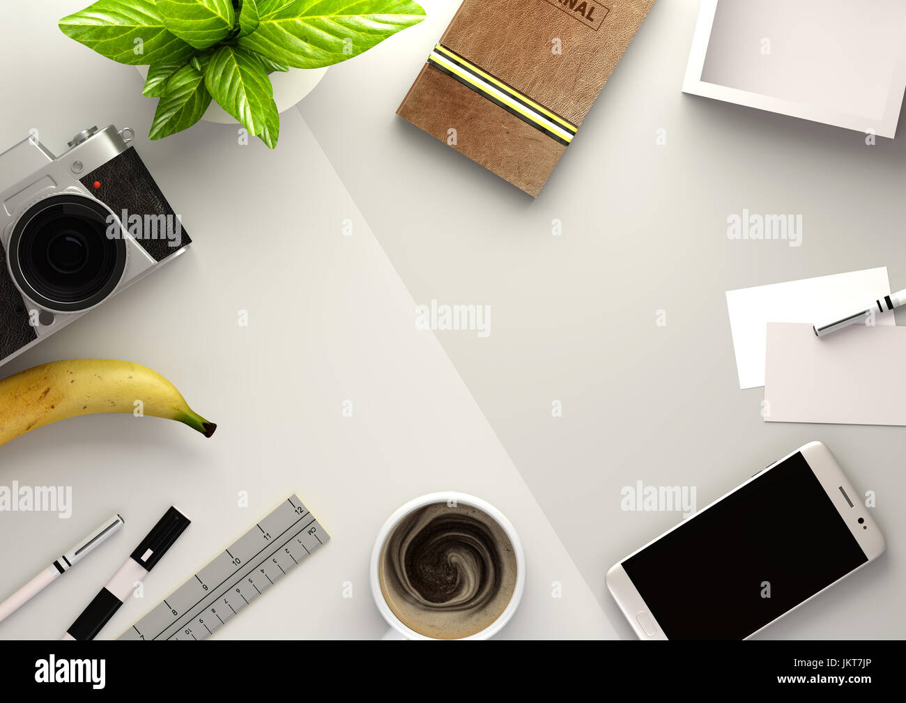 Vista dall'alto in basso di un desktop aziendale con uno smartphone, accessori per ufficio,un ufficiale, caffè e snack. 3D render illustrazione. Foto Stock