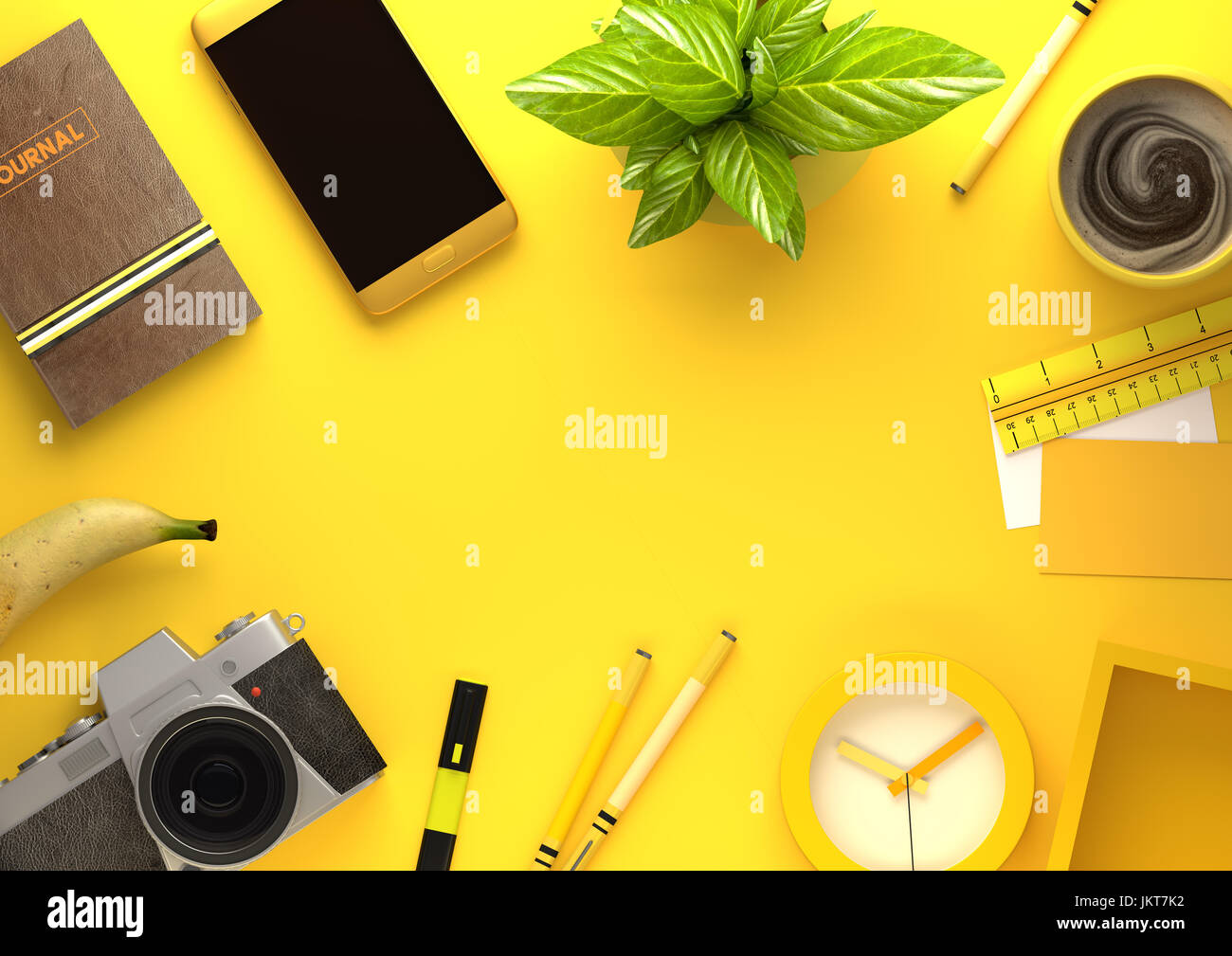 A tema giallo vista dall'alto in basso di un desktop aziendale con uno smartphone, accessori per ufficio,un ufficiale, caffè e snack. 3D render illustrazione. Foto Stock