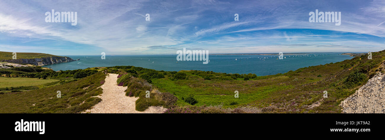 Vista di aghi da Headon Warren, Isle of Wight, Regno Unito Foto Stock